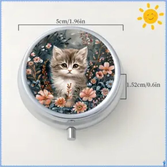 1pc.  Kitten & Floral Pill Box - Picture 1 of 4